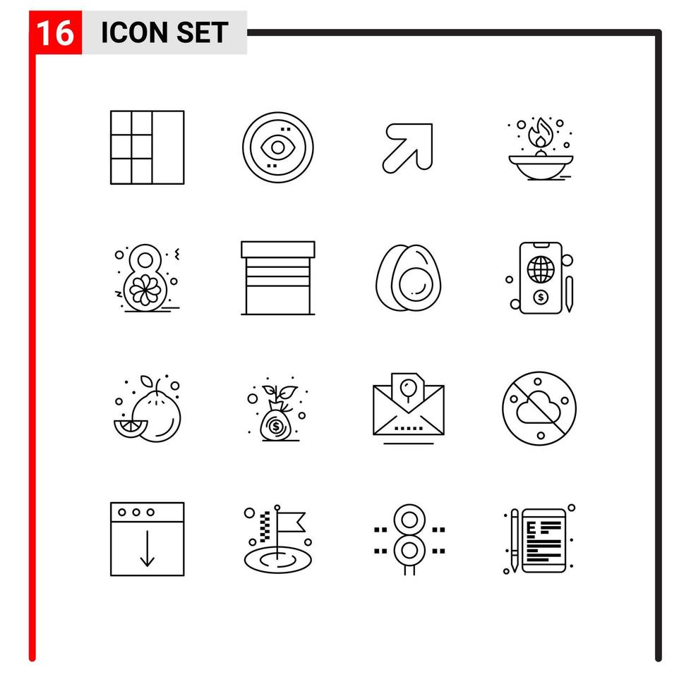paquete de 16 signos y símbolos de contornos modernos para medios de impresión web, como elementos de diseño de vectores editables de llama de lámpara de aceite del día ocho de la mujer