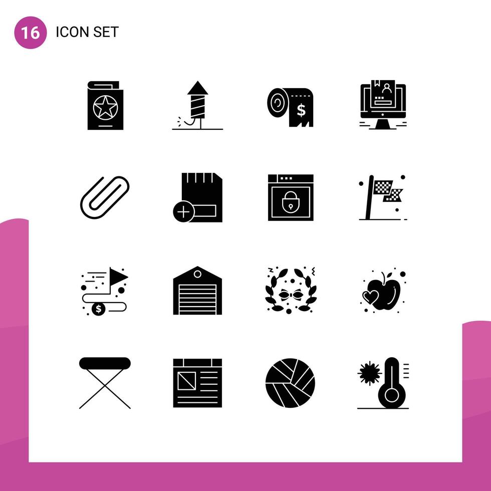 16 Universal Solid Glyph Signs Symbols of computer profile holiday resume expenses Editable Vector Design Elements