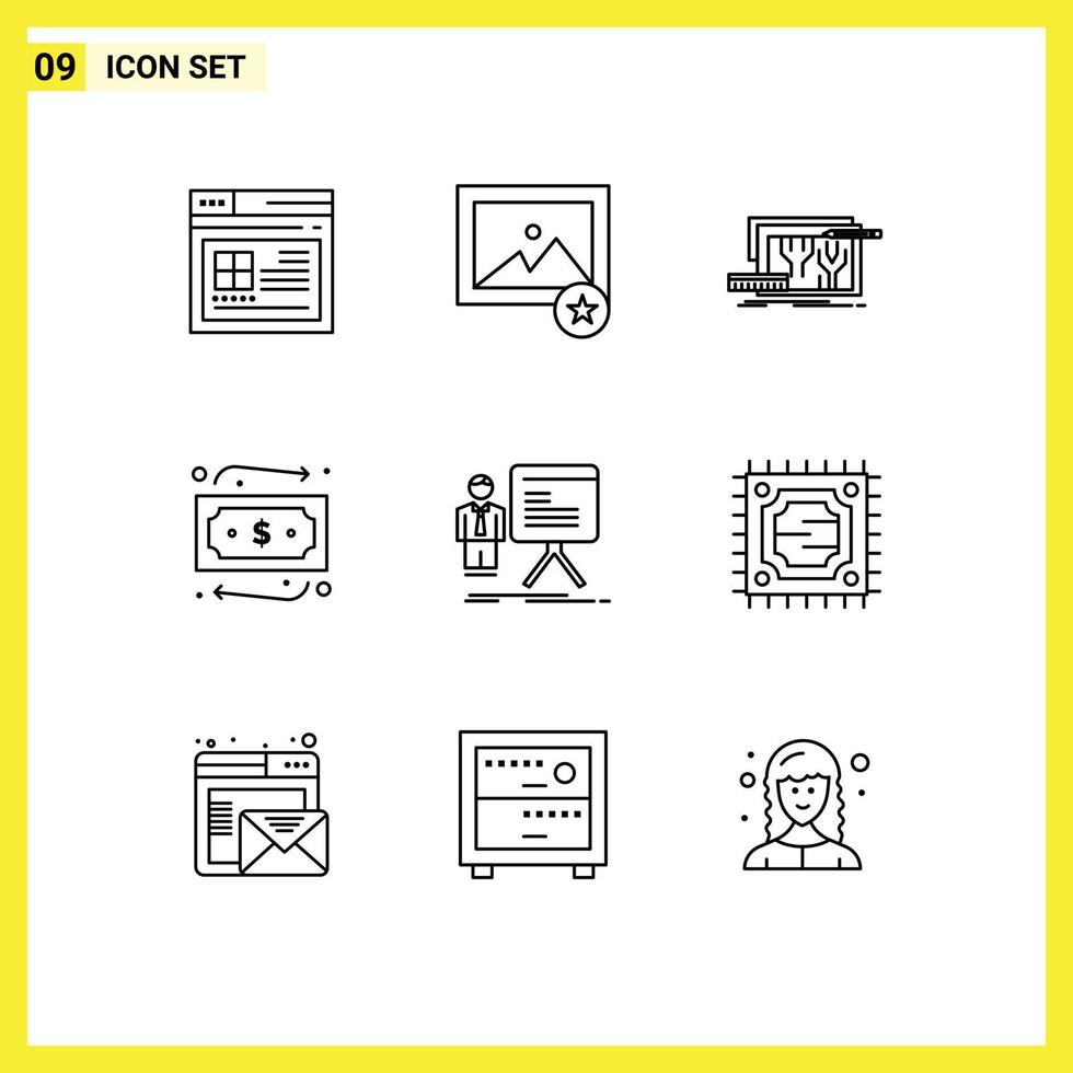 Editable Vector Line Pack of 9 Simple Outlines of chart presentation blueprint travelling money Editable Vector Design Elements