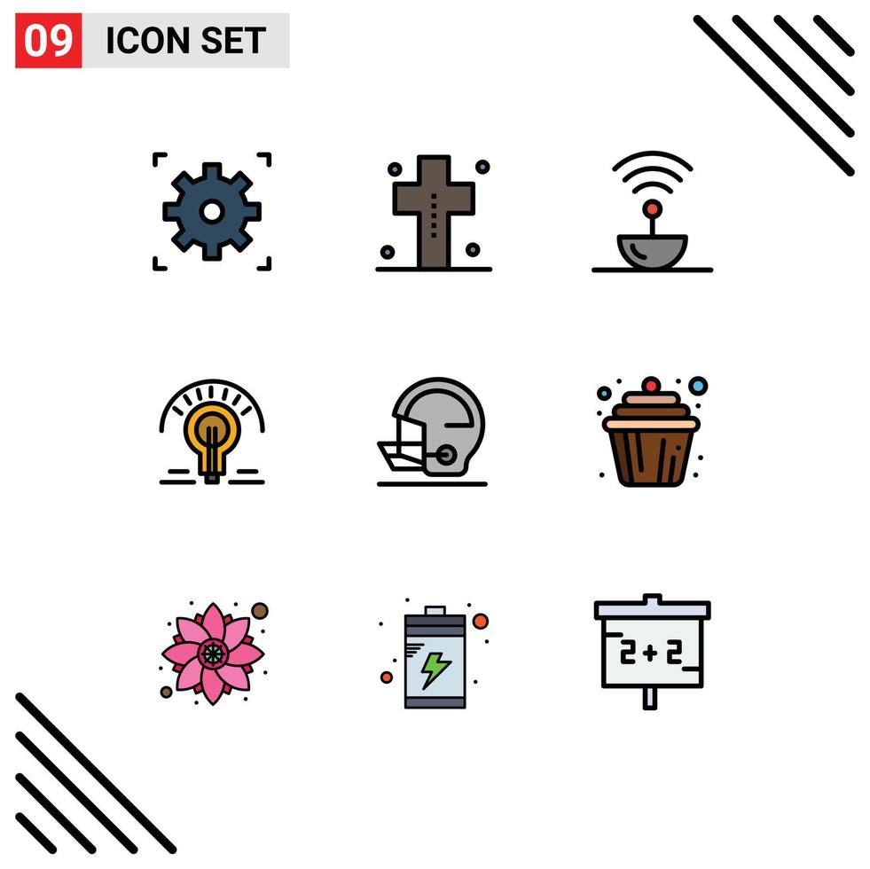 Set of 9 Vector Filledline Flat Colors on Grid for helmet light bulb antenna light space Editable Vector Design Elements