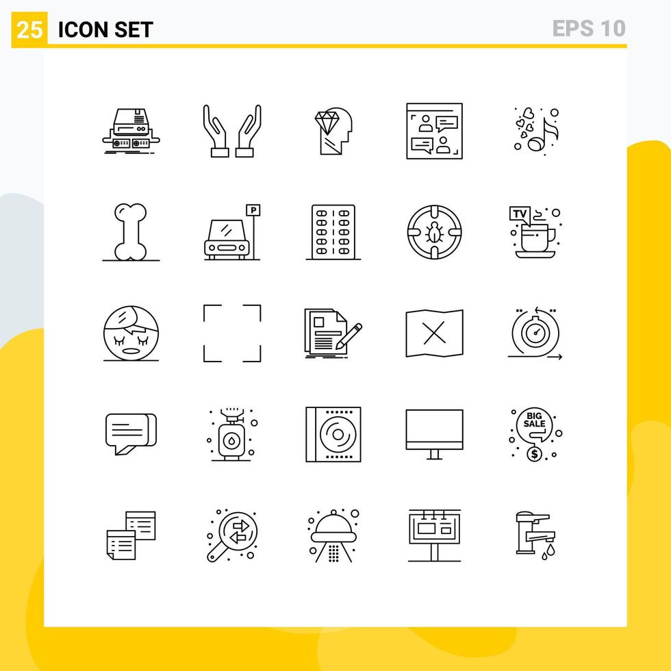 Pack of 25 Modern Lines Signs and Symbols for Web Print Media such as music designer mind user web Editable Vector Design Elements