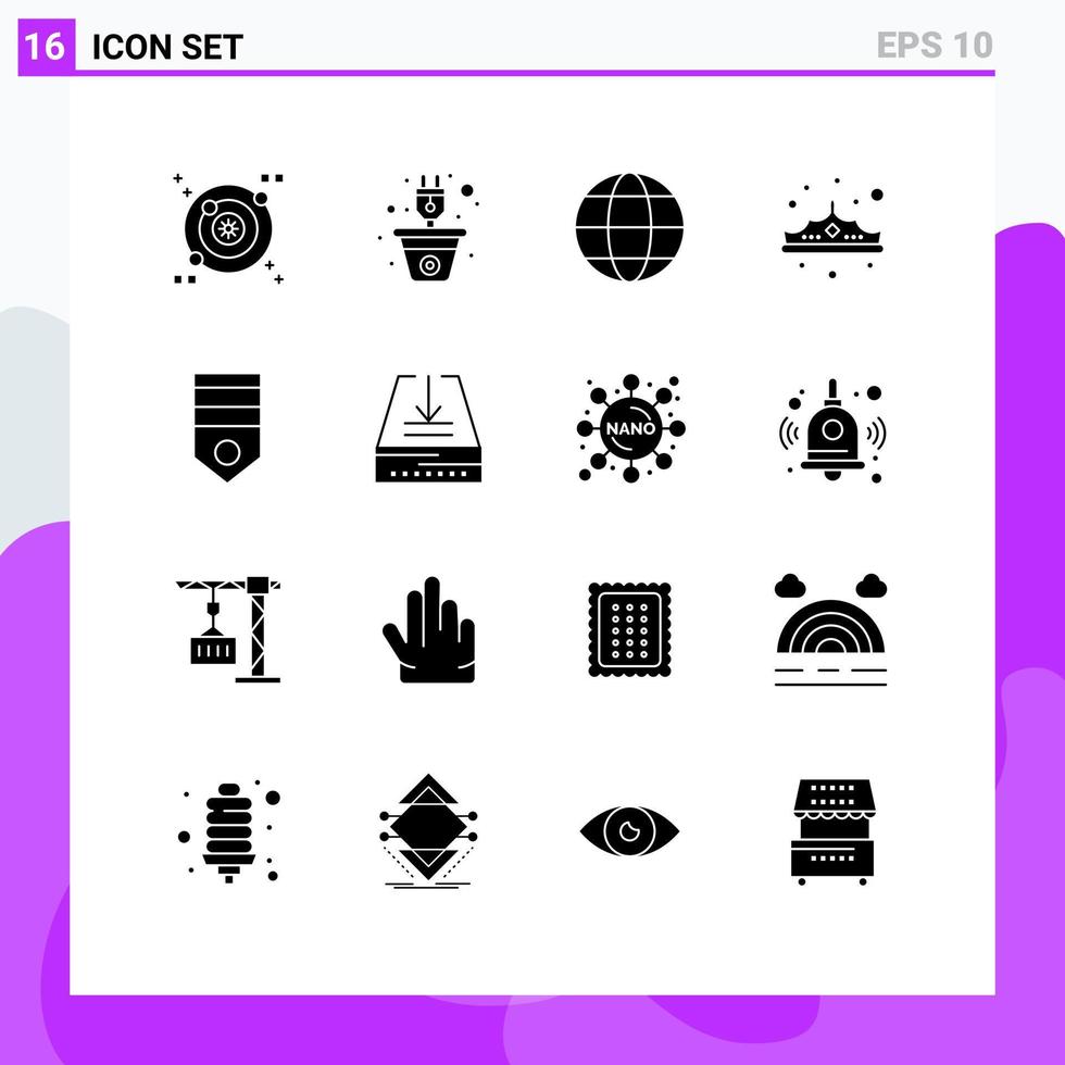 Universal Icon Symbols Group of 16 Modern Solid Glyphs of army jewelry earth jewelry crown Editable Vector Design Elements