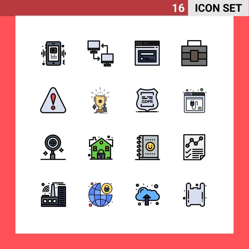 Mobile Interface Flat Color Filled Line Set of 16 Pictograms of alert toolbox sharing briefcase web Editable Creative Vector Design Elements