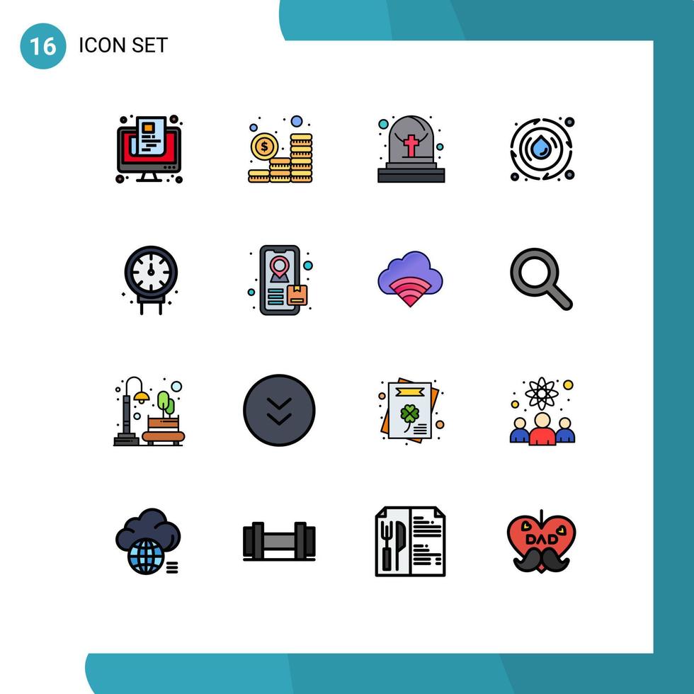 Flat Color Filled Line Pack of 16 Universal Symbols of mechanical energy coins water droop Editable Creative Vector Design Elements