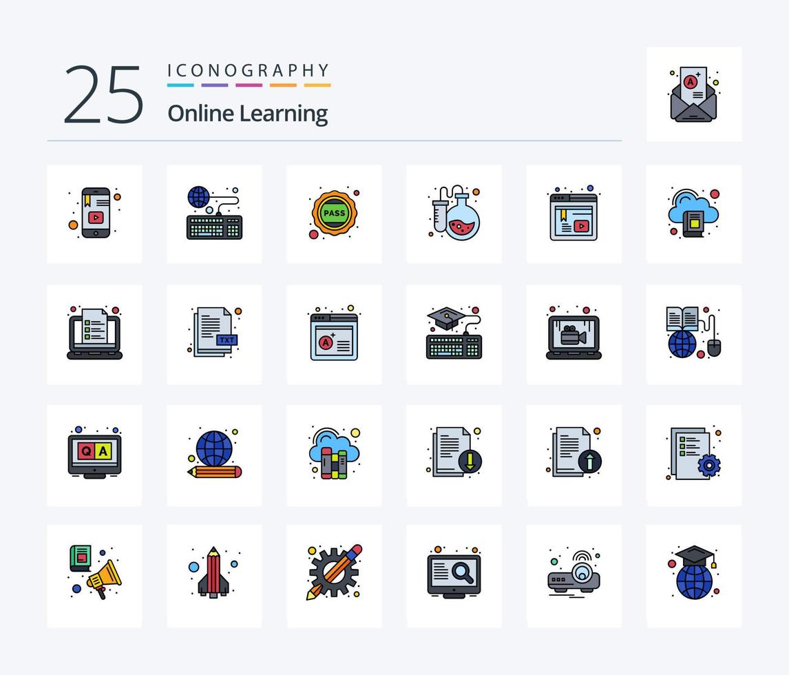 Online Learning 25 Line Filled icon pack including test tubes. flask. online. pass. school vector