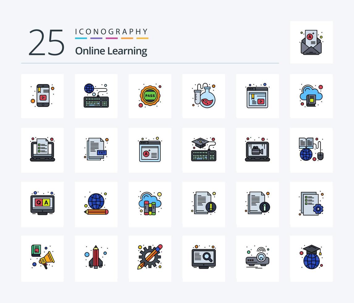 paquete de iconos rellenos de 25 líneas de aprendizaje en línea que incluye tubos de ensayo. matraz. en línea. pasar. escuela vector
