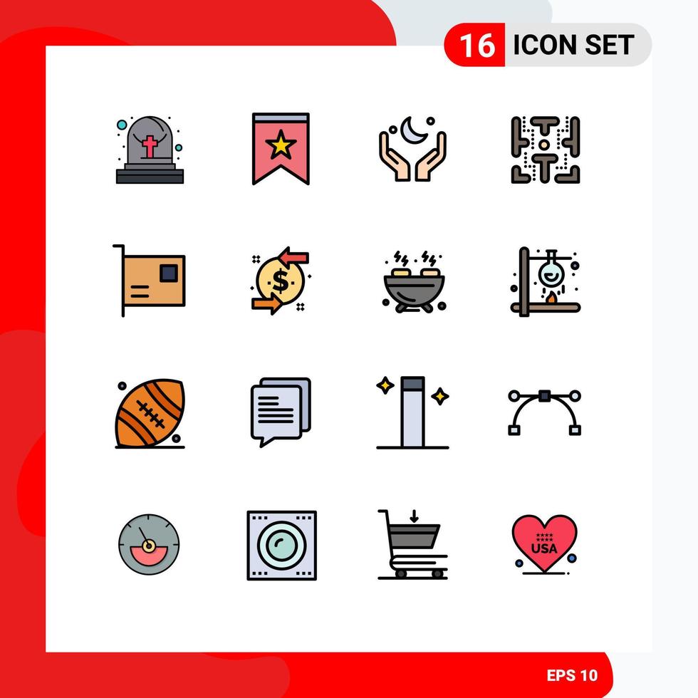 Pack of 16 Modern Flat Color Filled Lines Signs and Symbols for Web Print Media such as computers play hand game maze Editable Creative Vector Design Elements