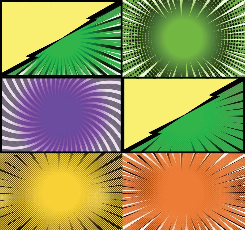 Comic book colorful frames background with halftone rays radial and dotted effects pop art style vector