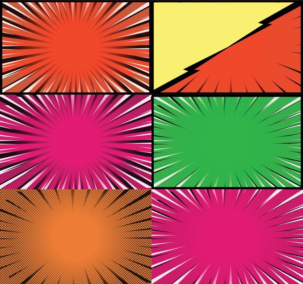 Comic book colorful frames background with halftone rays radial and dotted effects pop art style vector