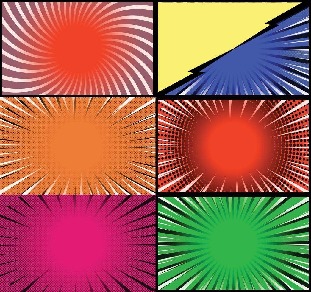 Comic book colorful frames background with halftone rays radial and dotted effects pop art style vector