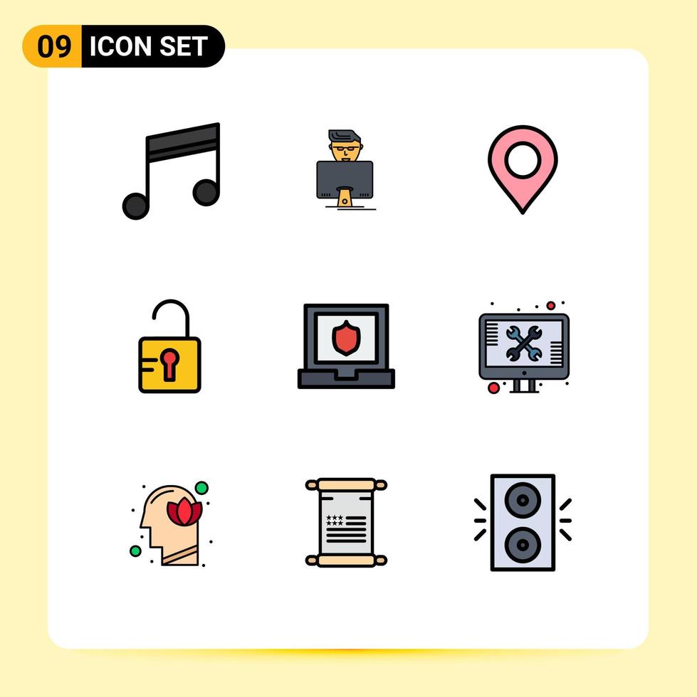 Universal Icon Symbols Group of 9 Modern Filledline Flat Colors of repair security location laptop study Editable Vector Design Elements