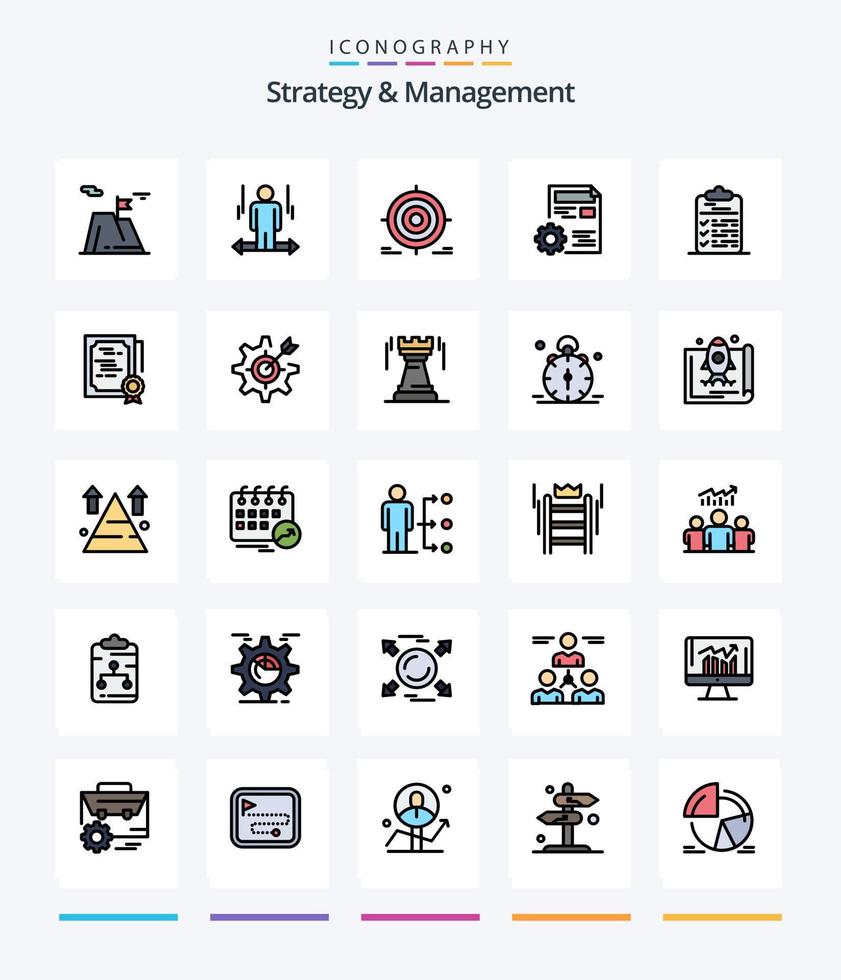 Creative Strategy And Management 25 Line FIlled icon pack  Such As setting. document. left. objective. darts vector