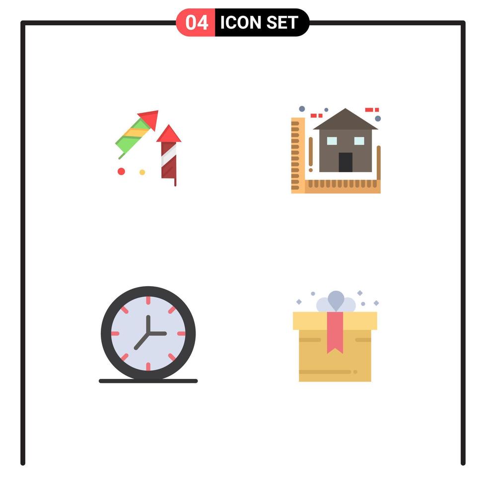 Set of 4 Vector Flat Icons on Grid for fireworks clock firecracker construction wall Editable Vector Design Elements