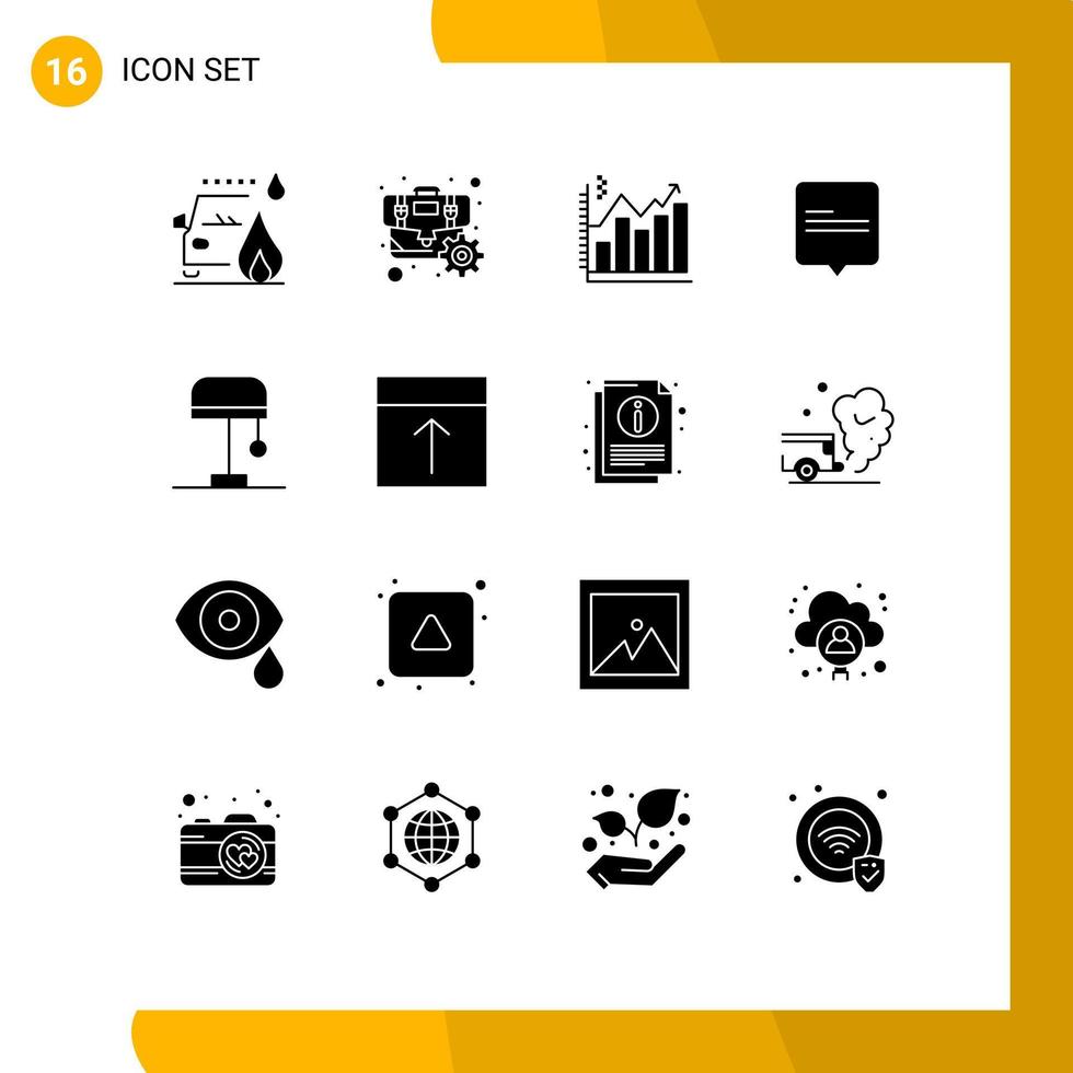 Group of 16 Solid Glyphs Signs and Symbols for lamp message analysis comment graph Editable Vector Design Elements