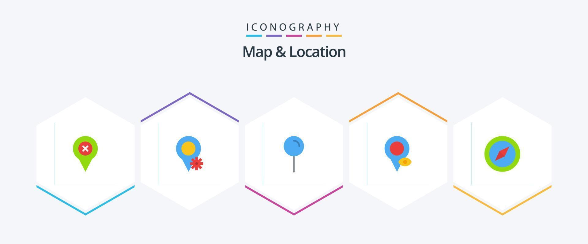 mapa y ubicación 25 paquete de iconos planos que incluye mapa. Brújula. mapa. puntero. localización vector