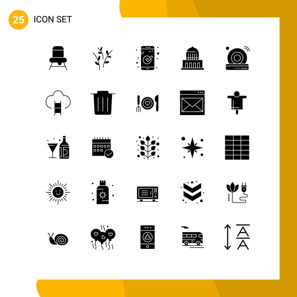 Universal Icon Symbols Group of 25 Modern Solid Glyphs of wifi cd check usa city Editable Vector Design Elements