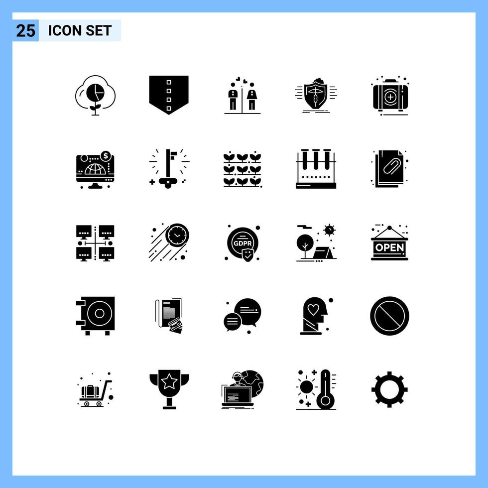 Modern Set of 25 Solid Glyphs and symbols such as aid protection women medical insurance Editable Vector Design Elements