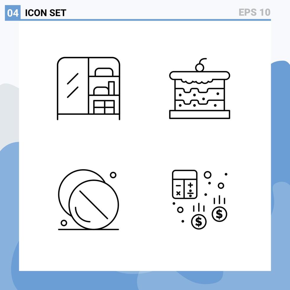 Modern Set of 4 Filledline Flat Colors Pictograph of furniture hospital bakery food medicine Editable Vector Design Elements