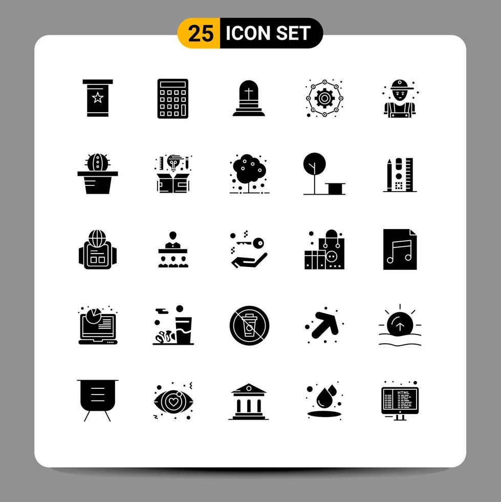 25 Universal Solid Glyphs Set for Web and Mobile Applications person man christian working configuration Editable Vector Design Elements