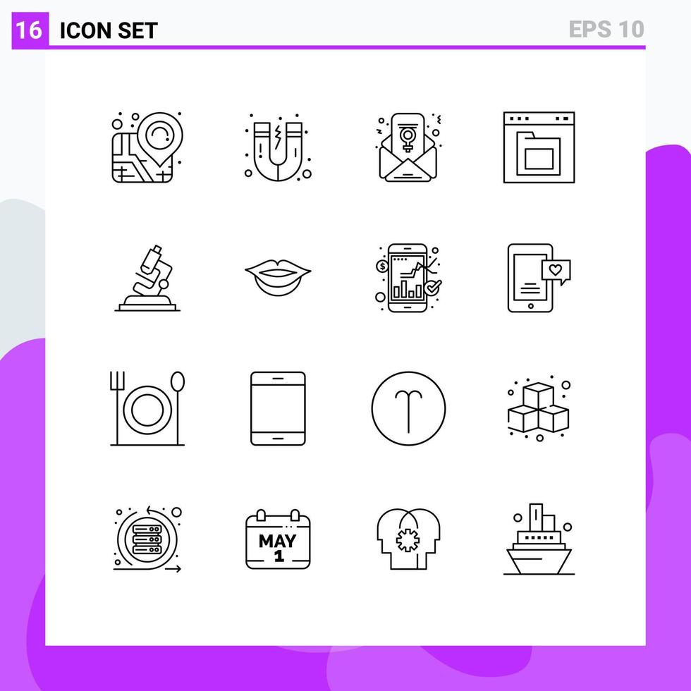 Mobile Interface Outline Set of 16 Pictograms of zoom microsope email lab folder Editable Vector Design Elements
