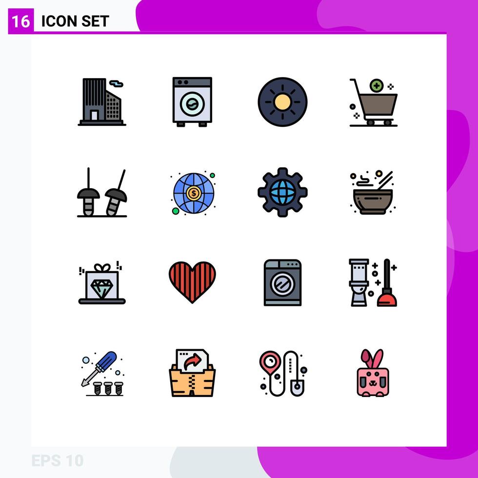 16 Universal Flat Color Filled Lines Set for Web and Mobile Applications sport fencing brightness e cart Editable Creative Vector Design Elements