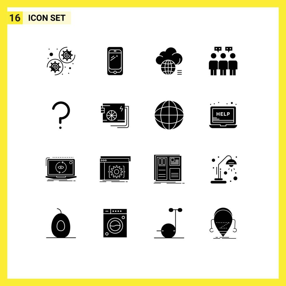 16 Solid Glyph concept for Websites Mobile and Apps question team cloud people technology Editable Vector Design Elements