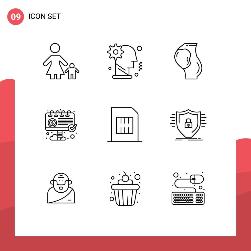 Mobile Interface Outline Set of 9 Pictograms of ad advertisement mechanism fetus baby Editable Vector Design Elements