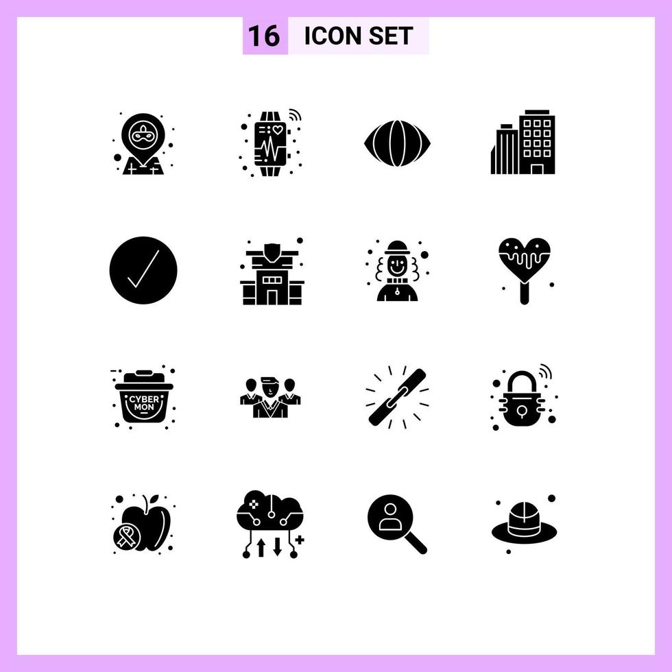Pictogram Set of 16 Simple Solid Glyphs of complete check eye city builing Editable Vector Design Elements
