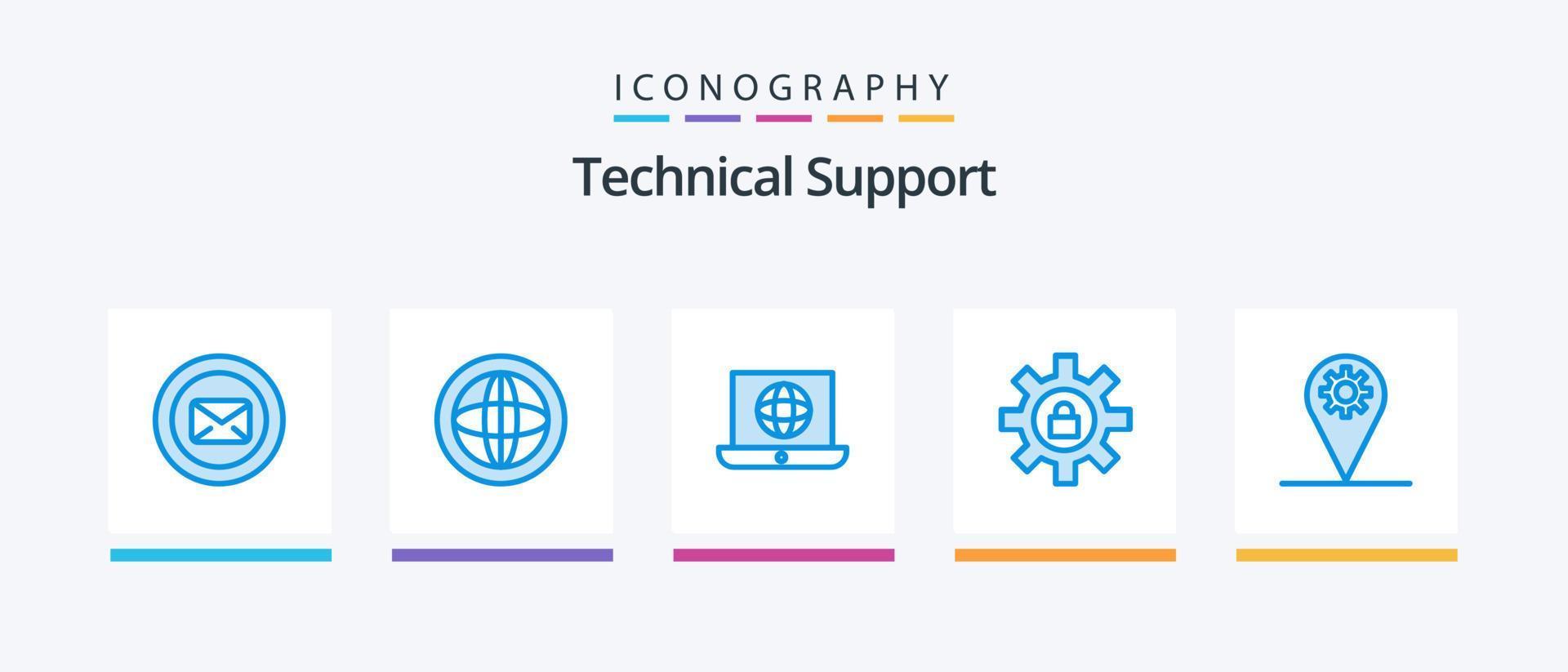 Technical Support Blue 5 Icon Pack Including support. setting. help. gear. globe. Creative Icons Design vector