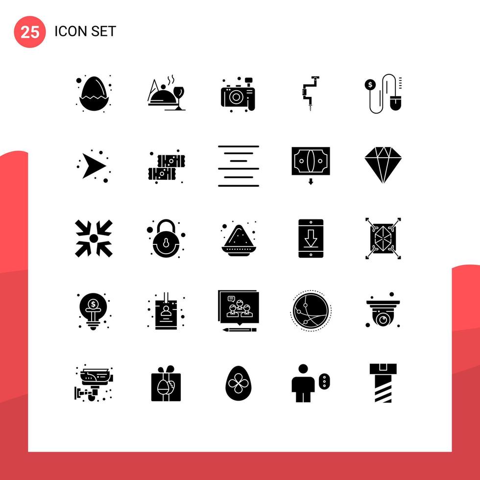 Modern Set of 25 Solid Glyphs and symbols such as dollar well camera tool carpenter Editable Vector Design Elements