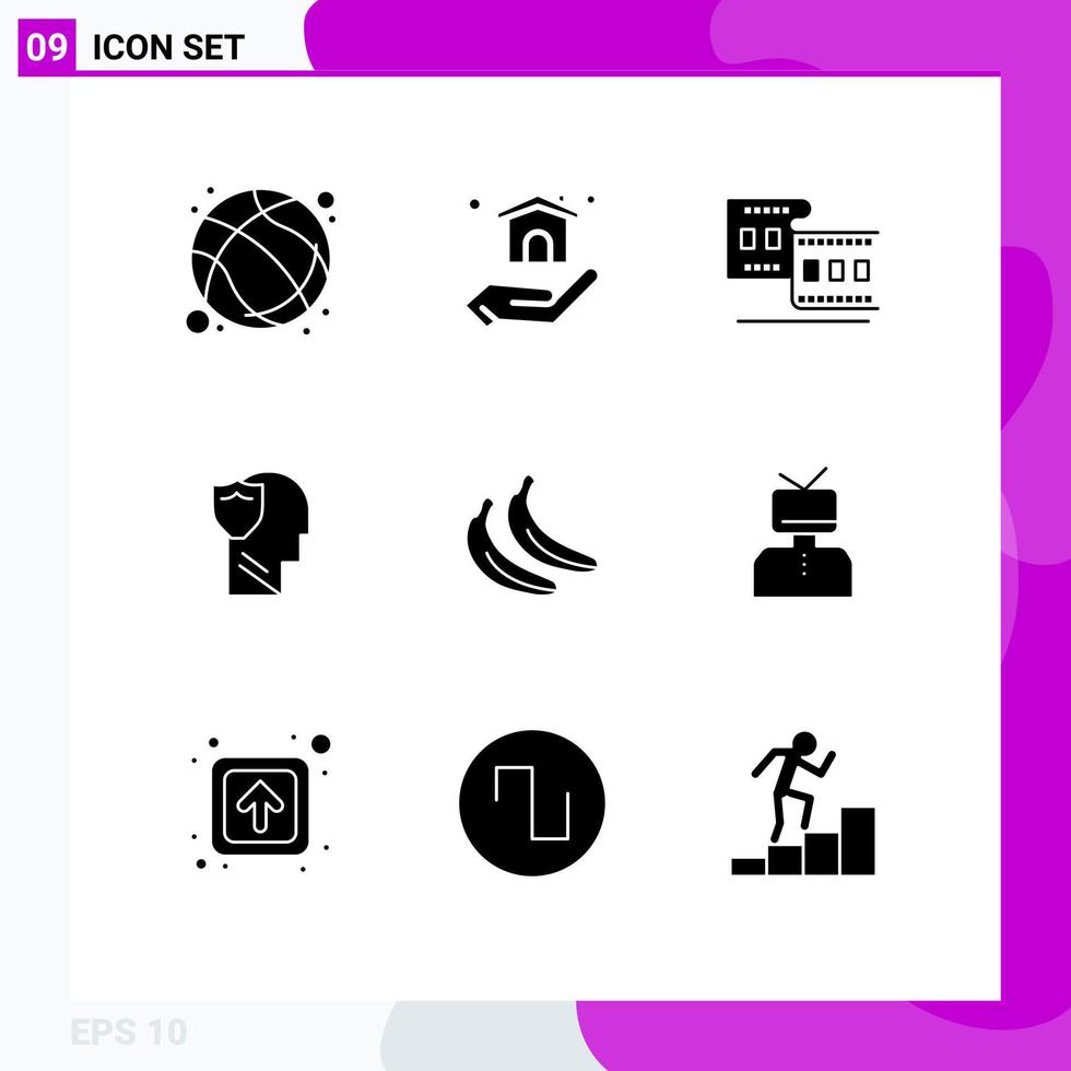 Pack of 9 creative Solid Glyphs of banana user camera male shield Editable Vector Design Elements