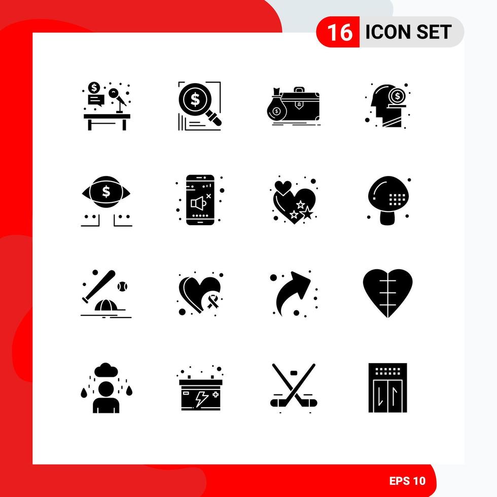 Modern Set of 16 Solid Glyphs Pictograph of human dollar business portfolio case Editable Vector Design Elements