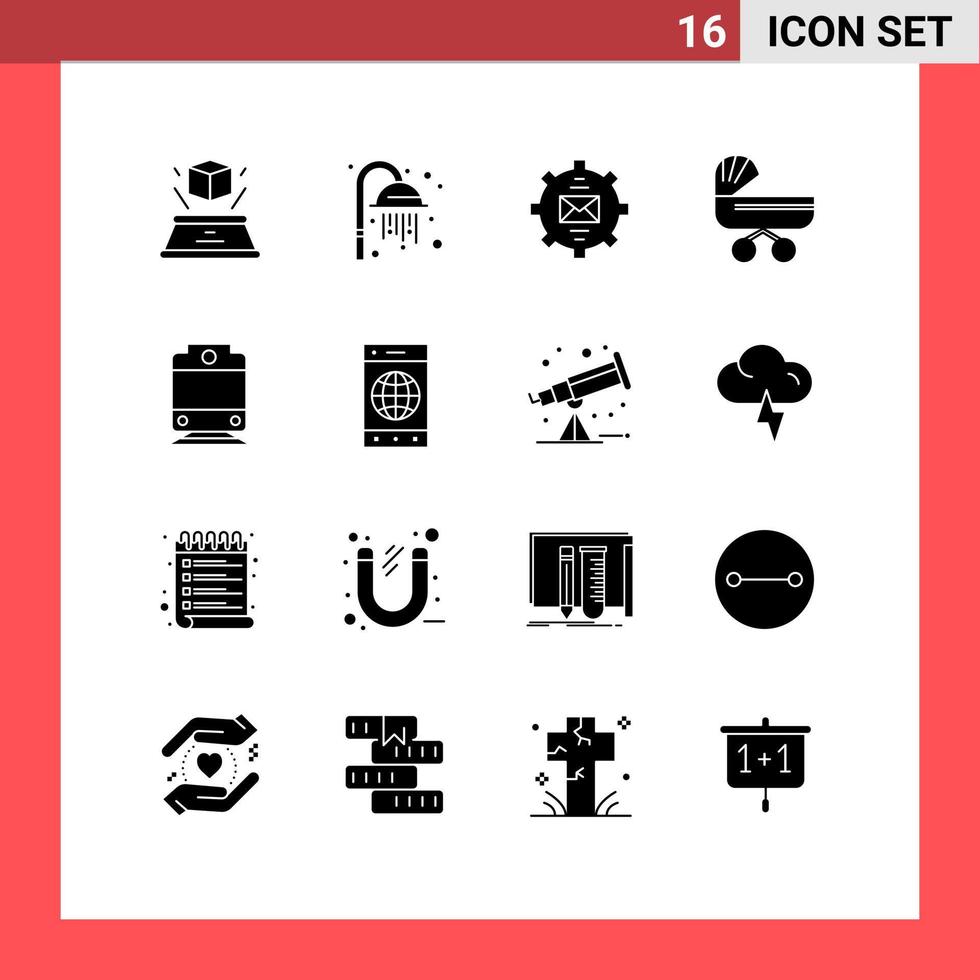 16 Universal Solid Glyphs Set for Web and Mobile Applications railway push contact kids trolly Editable Vector Design Elements