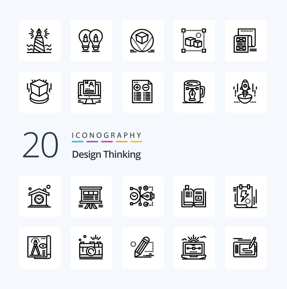 Paquete de iconos de 20 líneas de pensamiento de diseño como arte editable de gráfico de libro tutorial vector