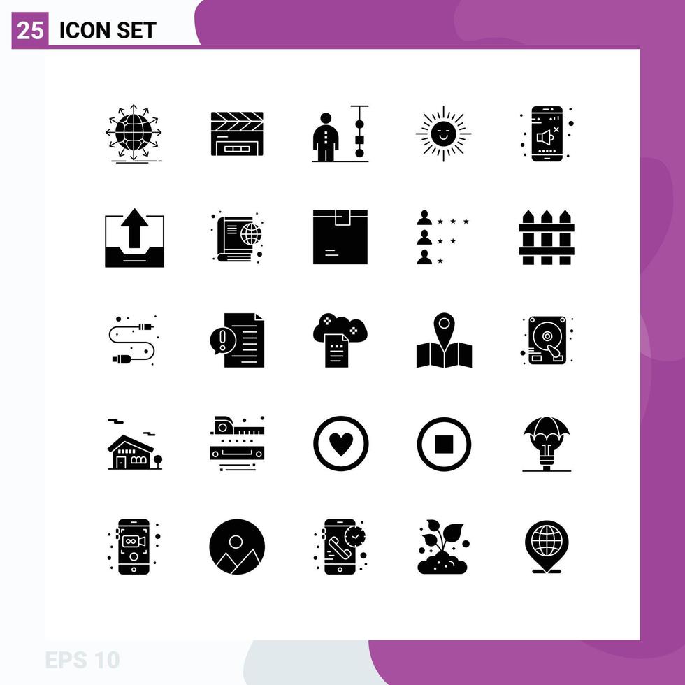 25 Universal Solid Glyphs Set for Web and Mobile Applications off shinning film flap beach corporate management Editable Vector Design Elements