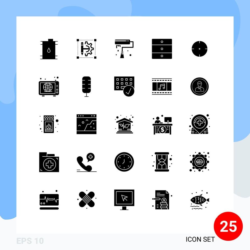 Editable Vector Line Pack of 25 Simple Solid Glyphs of aim home appliances setting home roller Editable Vector Design Elements