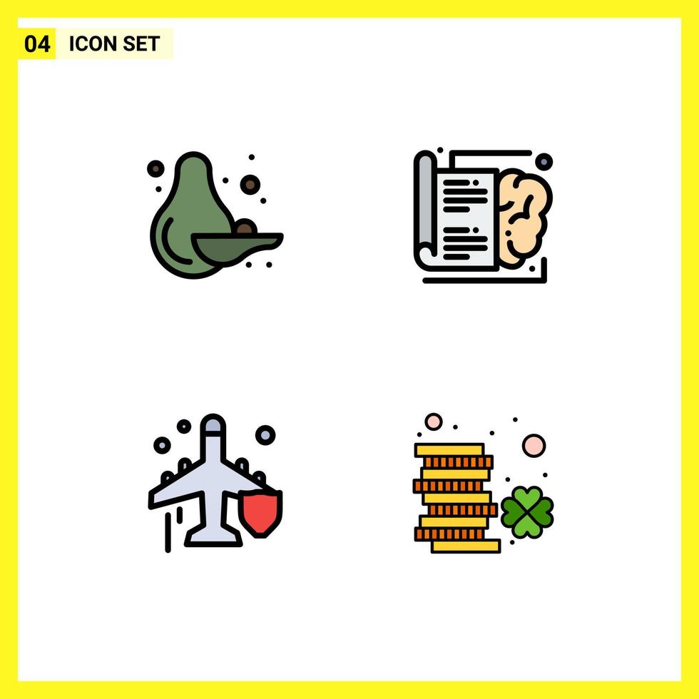 Group of 4 Filledline Flat Colors Signs and Symbols for food plane book learning coin Editable Vector Design Elements