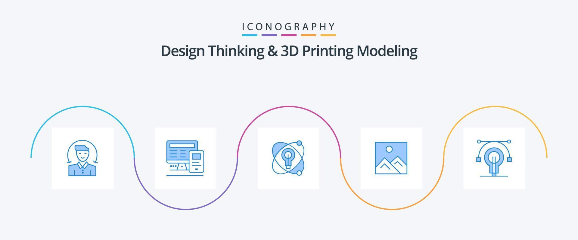 Design Thinking And D Printing Modeling Blue 5 Icon Pack Including education. education. atom. image. frame vector