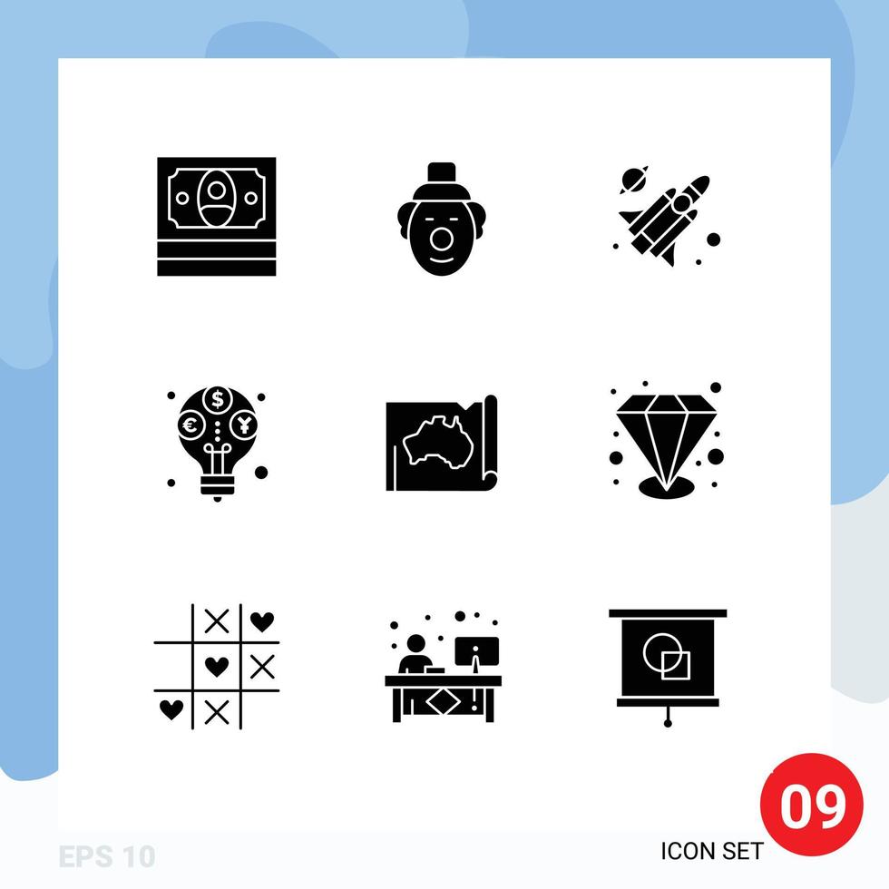 Universal Icon Symbols Group of 9 Modern Solid Glyphs of map country science australian budget Editable Vector Design Elements