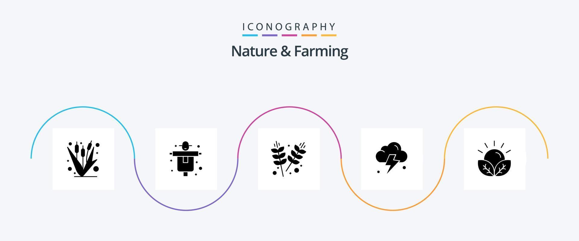 Nature And Farming Glyph 5 Icon Pack Including crops. power. scarecrow. cloud. grains vector