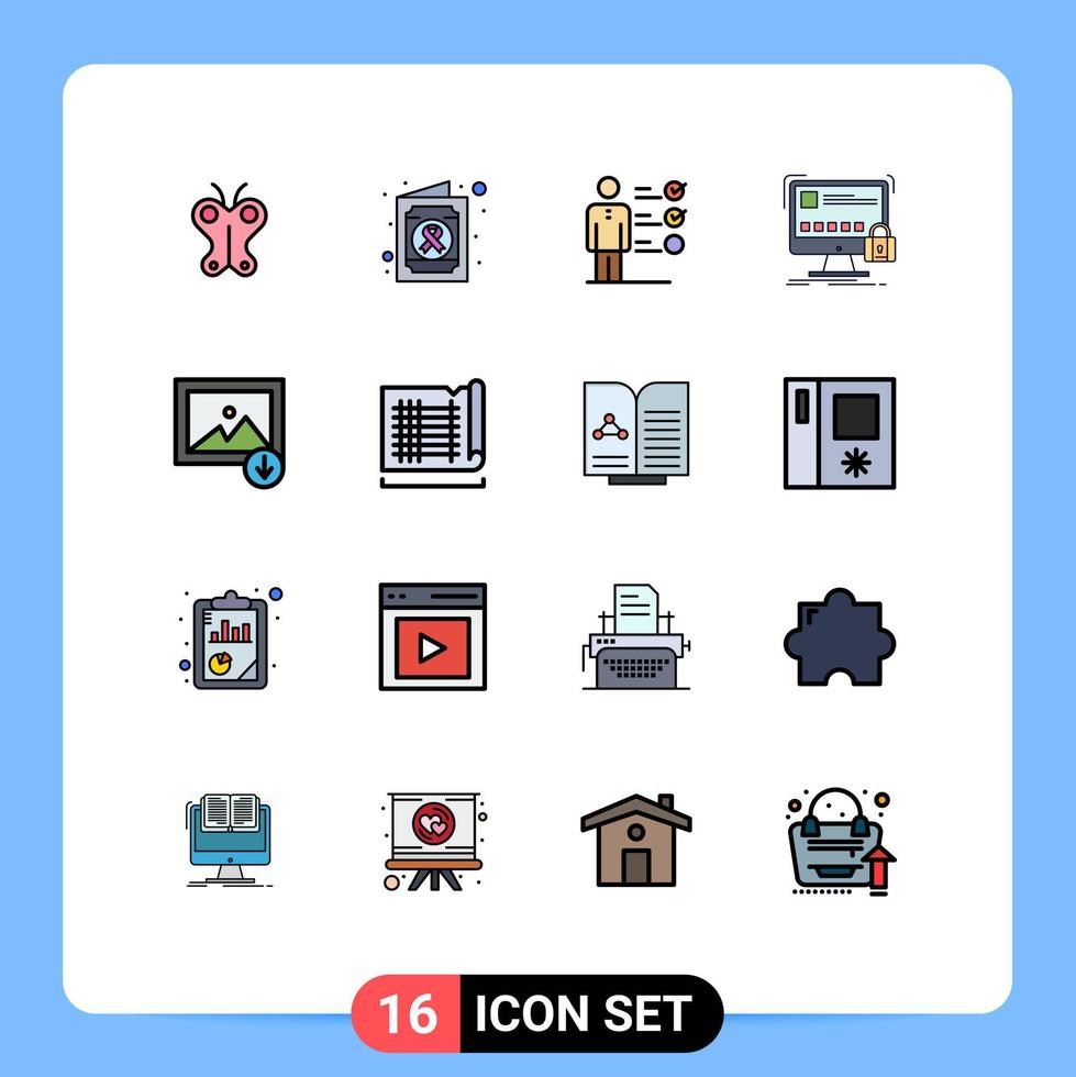 Pack of 16 Modern Flat Color Filled Lines Signs and Symbols for Web Print Media such as image secure skills safety protection Editable Creative Vector Design Elements