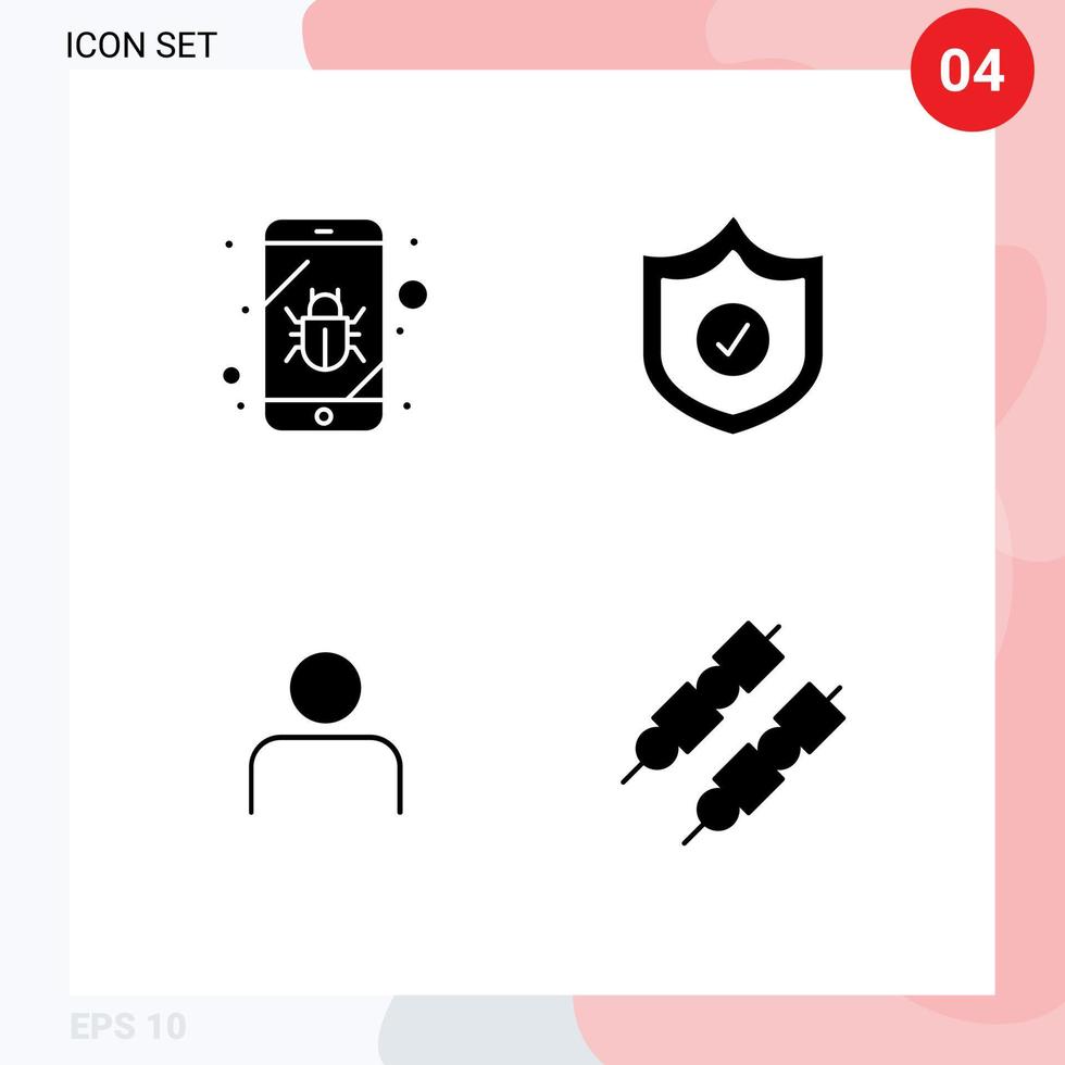 Universal Icon Symbols Group of 4 Modern Solid Glyphs of bug profile spy shield user Editable Vector Design Elements