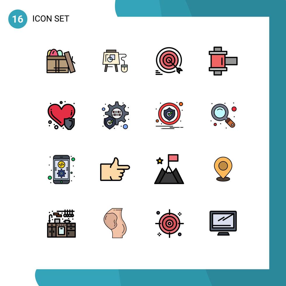 Pictogram Set of 16 Simple Flat Color Filled Lines of heart care reel darts photo goals Editable Creative Vector Design Elements