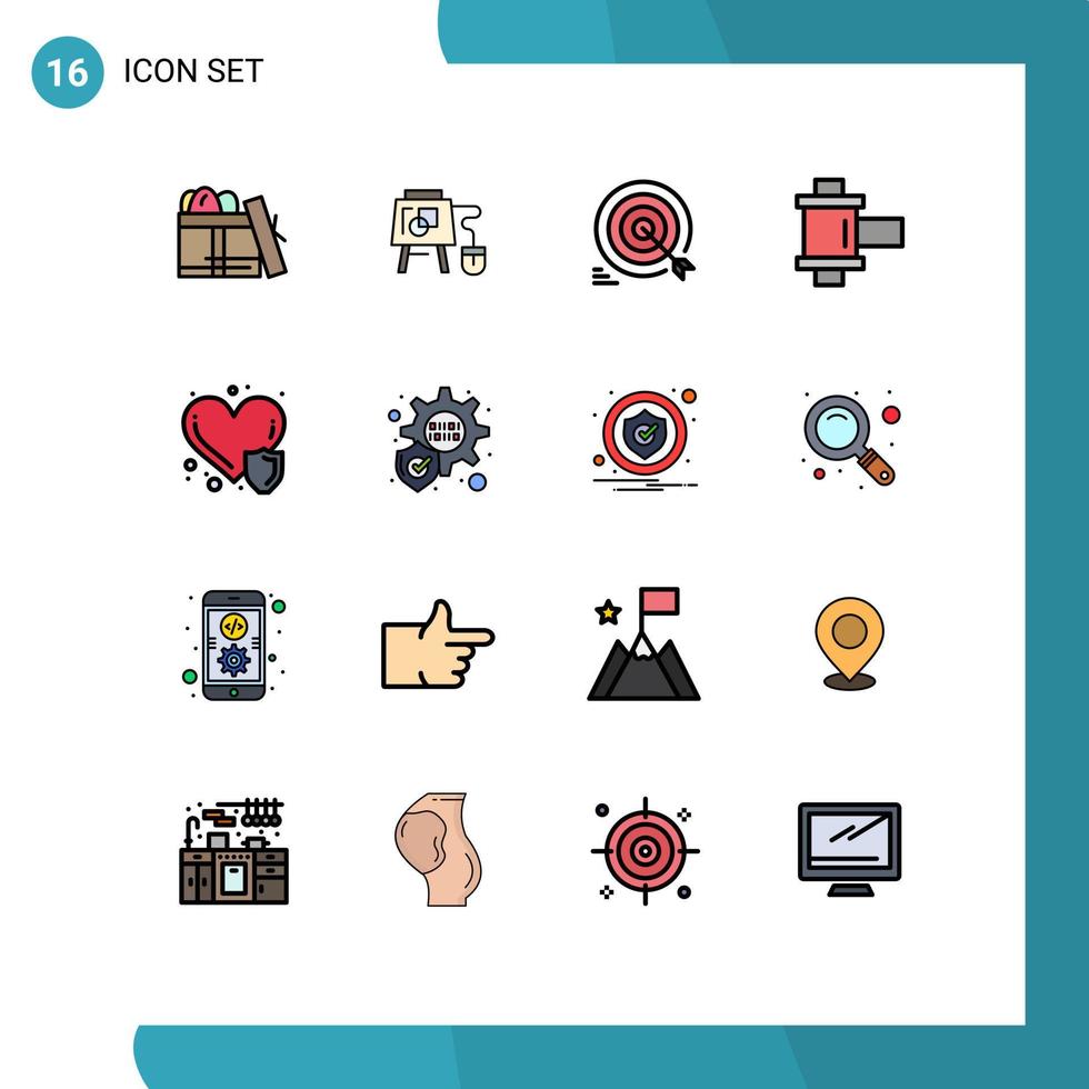 conjunto de pictogramas de 16 líneas llenas de colores planos simples de dardos de carrete para el cuidado del corazón objetivos fotográficos elementos de diseño de vectores creativos editables