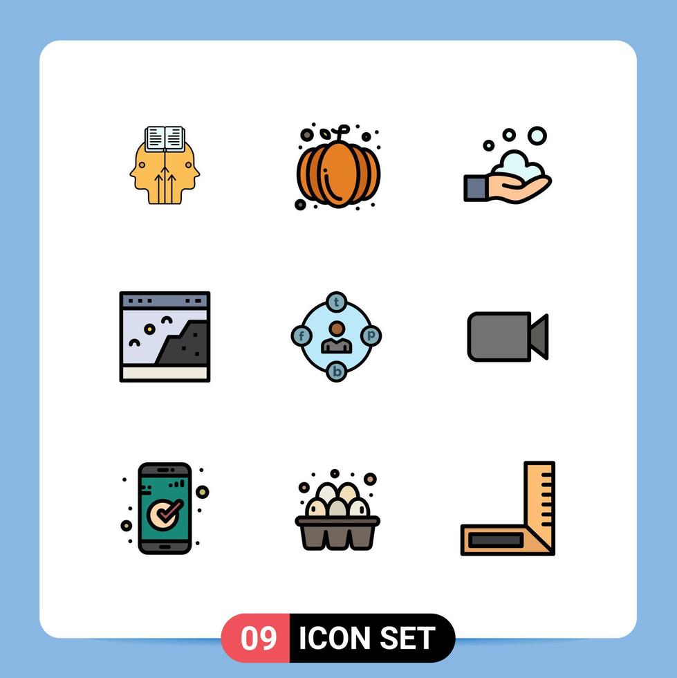Pictogram Set of 9 Simple Filledline Flat Colors of social media photo cleaning page browser Editable Vector Design Elements