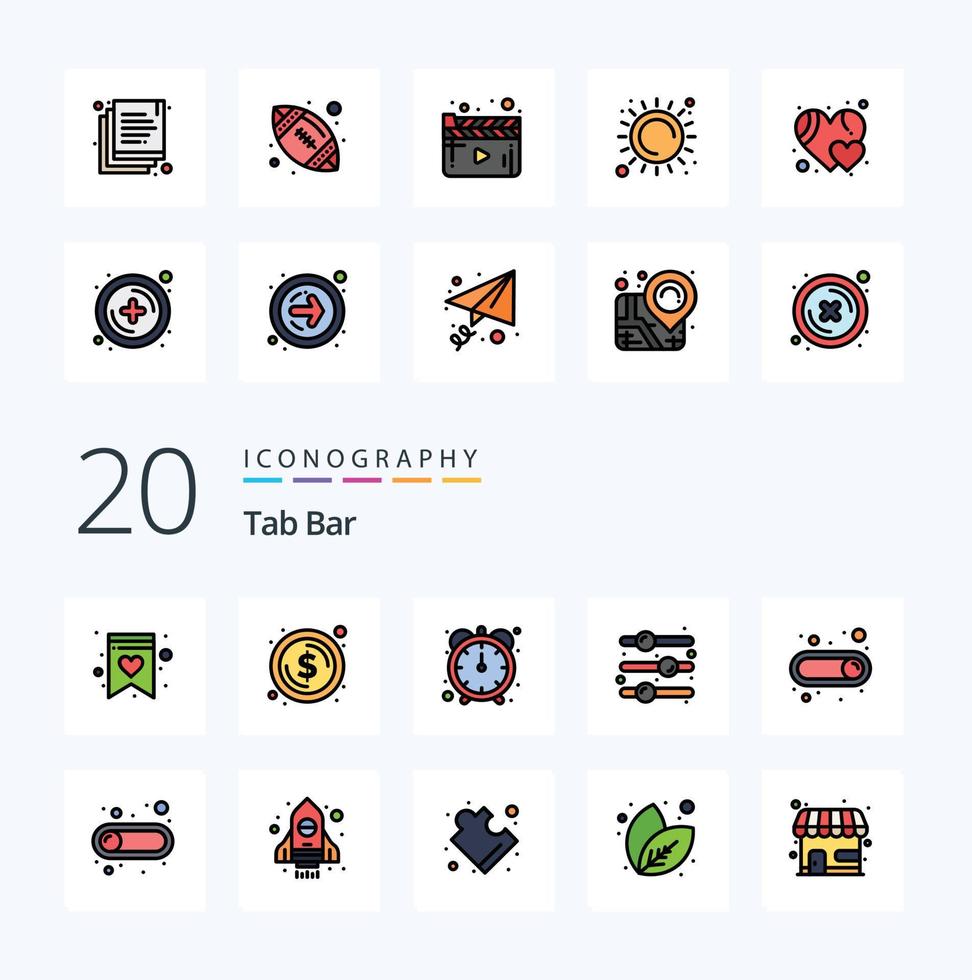 Paquete de iconos de color lleno de línea de barra de 20 pestañas como apagado, interruptor de productividad encendido encendido vector