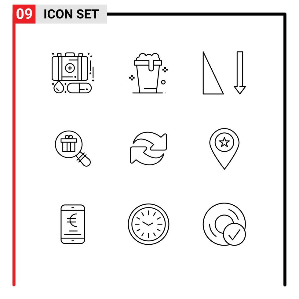 paquete de 9 signos y símbolos de contornos modernos para medios de impresión web, como rotación, actualización, regalo de compra ascendente, elementos de diseño de vectores editables