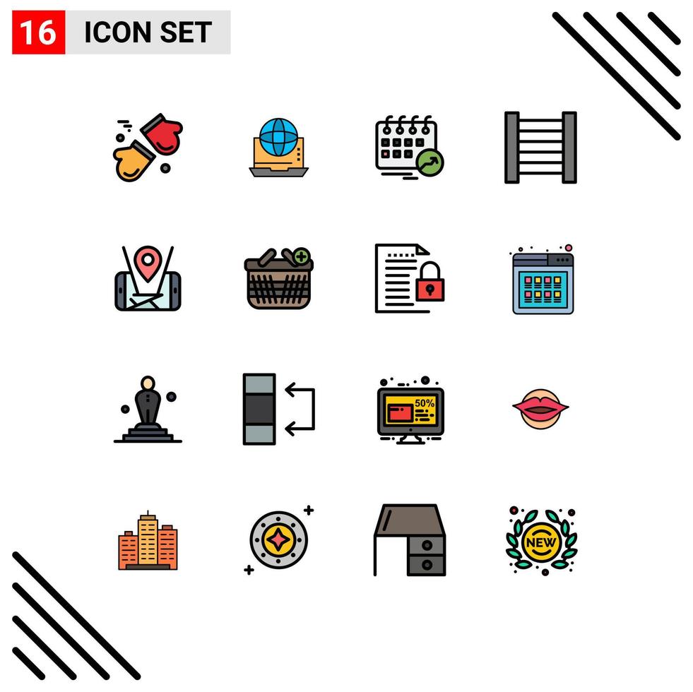 Mobile Interface Flat Color Filled Line Set of 16 Pictograms of map arrow connection schedule calendar Editable Creative Vector Design Elements