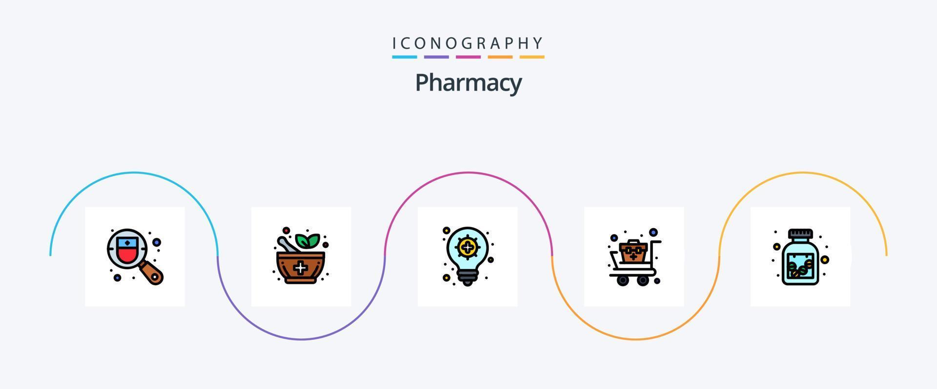 Paquete de 5 iconos planos llenos de línea de farmacia que incluye. medicamento. bombilla. drogas carro medico vector