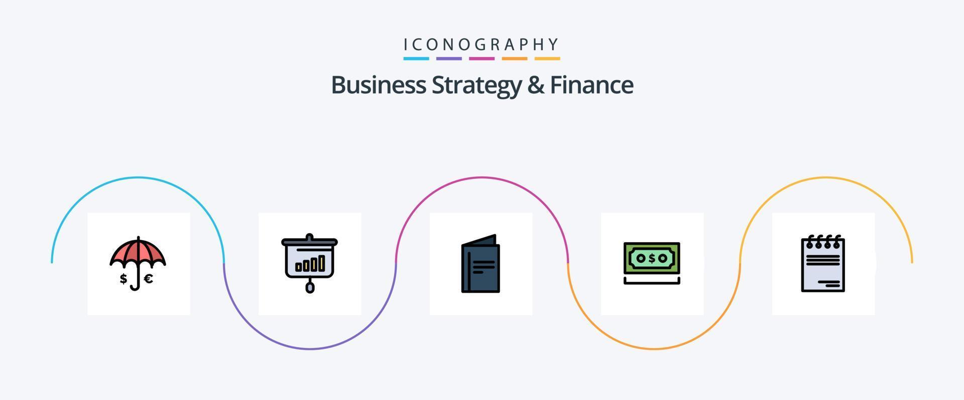 la estrategia empresarial y la línea de finanzas llenaron el paquete de iconos flat 5 que incluye la moneda. dinero. información. dólar. folleto vector